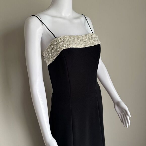 ALEX VTG 90’s Embellished Pearl Black Evening Dress With High Leg Slit - Picture 5 of 9